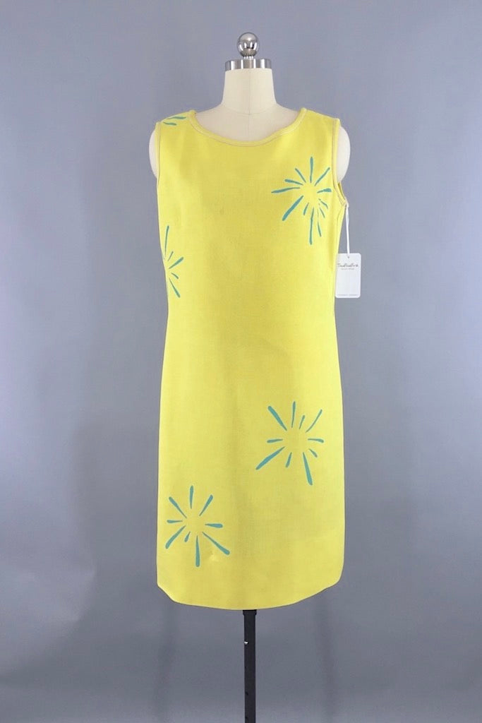 Vintage Yellow Mod Linen Shift Dress-ThisBlueBird