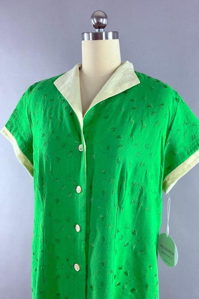 Vintage 1960s Green Embroidered Linen Dress-ThisBlueBird