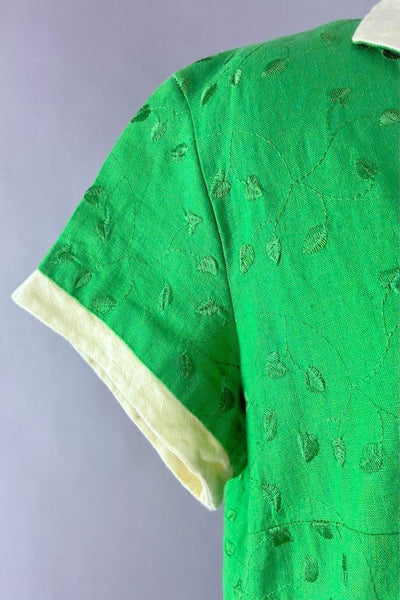 Vintage 1960s Green Embroidered Linen Dress-ThisBlueBird