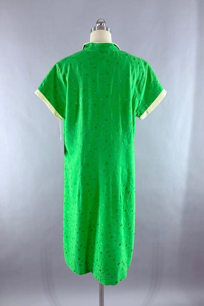 Vintage 1960s Green Embroidered Linen Dress-ThisBlueBird