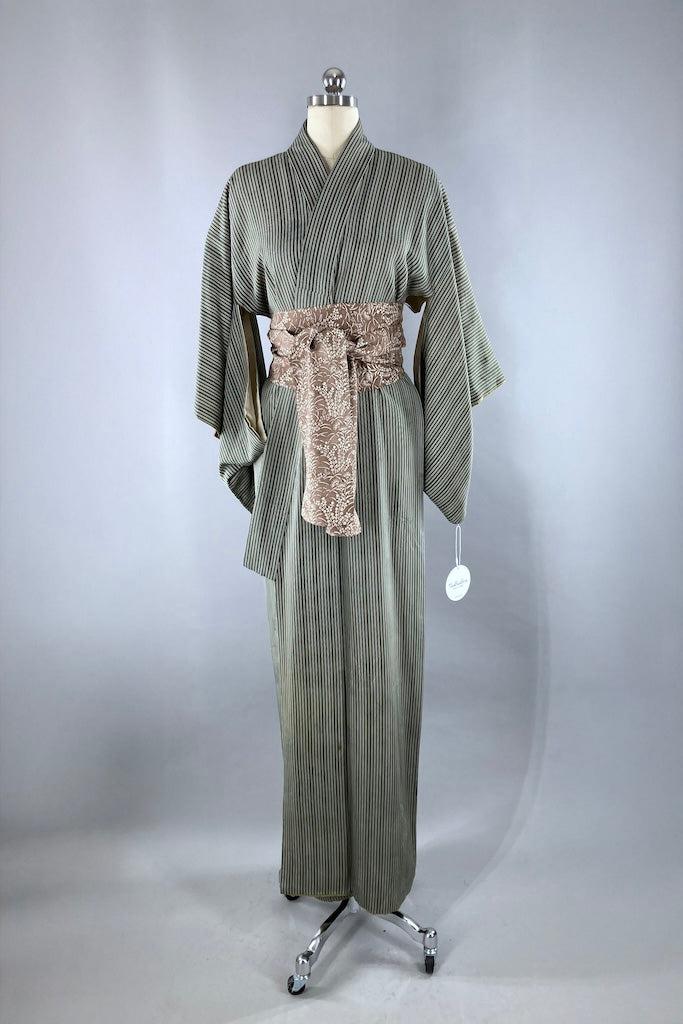 Vintage 1960s Green Pinstripe Silk Kimono Robe-ThisBlueBird