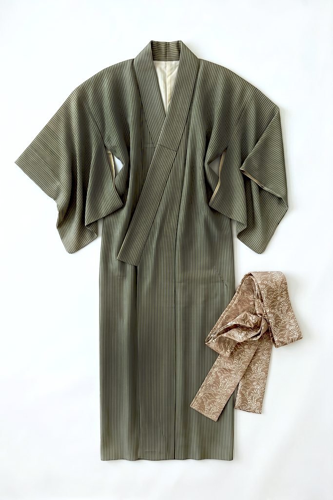 Vintage 1960s Green Pinstripe Silk Kimono Robe-ThisBlueBird