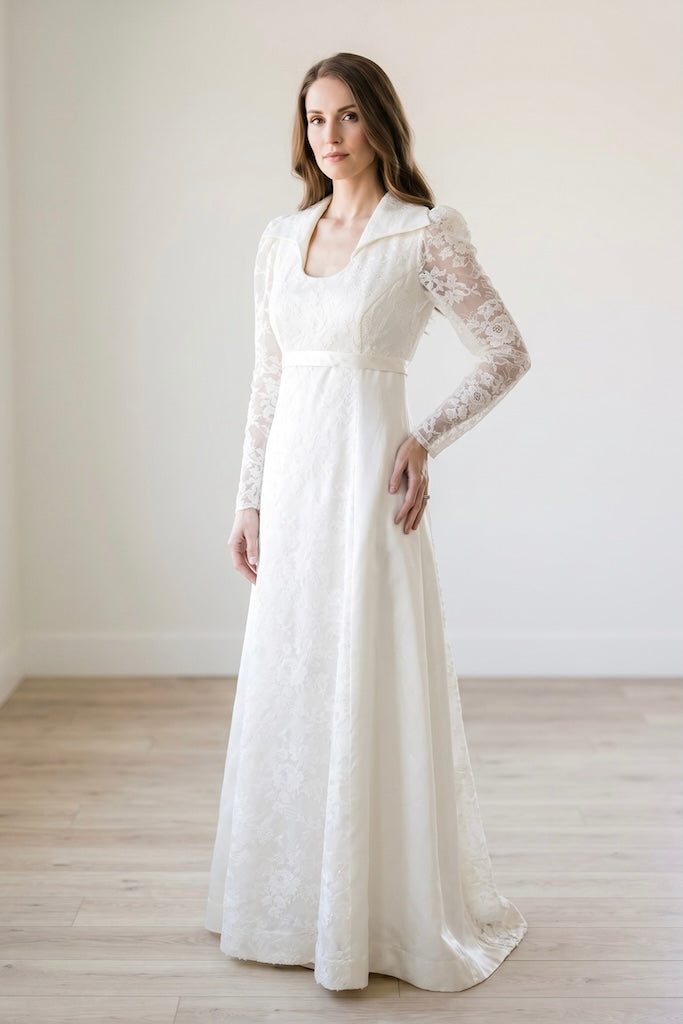 Vintage 1960s Lace and Satin Bridal Gown with Veil-ThisBlueBird