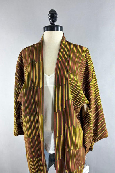 Vintage 1960s Olive Stripe Silk Kimono Cardigan-ThisBlueBird