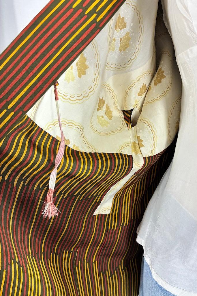 Vintage 1960s Olive Stripe Silk Kimono Cardigan-ThisBlueBird