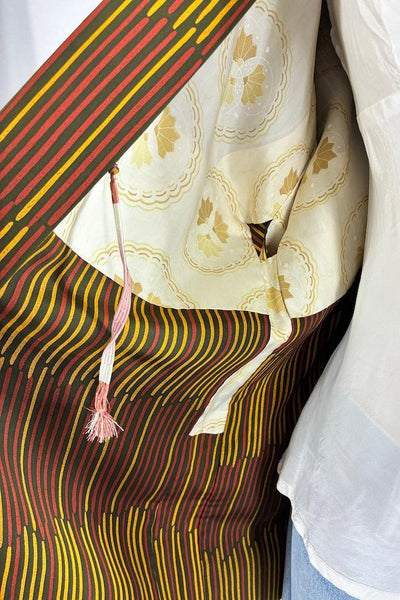 Vintage 1960s Olive Stripe Silk Kimono Cardigan-ThisBlueBird