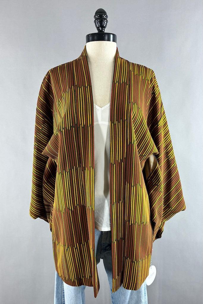 Vintage 1960s Olive Stripe Silk Kimono Cardigan-ThisBlueBird