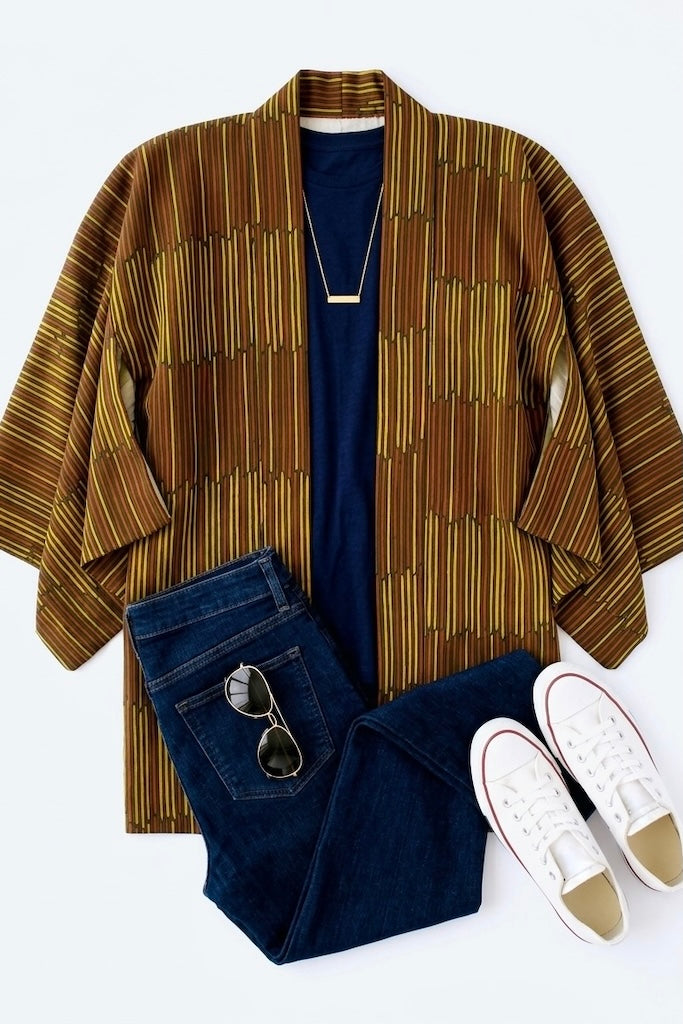 Vintage 1960s Olive Stripe Silk Kimono Cardigan-ThisBlueBird