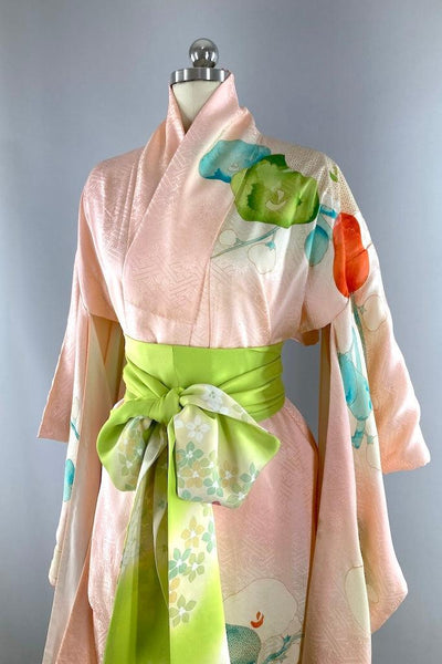 Vintage 1960s Peach Silk Furisode Kimono-ThisBlueBird