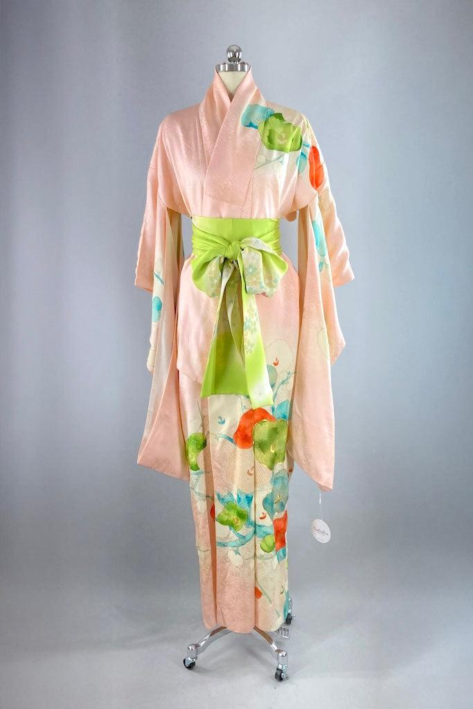 Vintage 1960s Peach Silk Furisode Kimono-ThisBlueBird