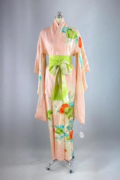 Vintage 1960s Peach Silk Furisode Kimono-ThisBlueBird