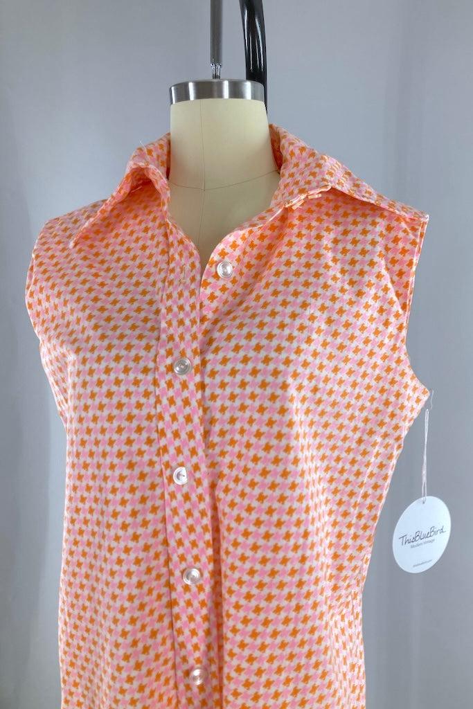 Vintage 1960s Pink &amp; Orange Houndstooth Romper-ThisBlueBird