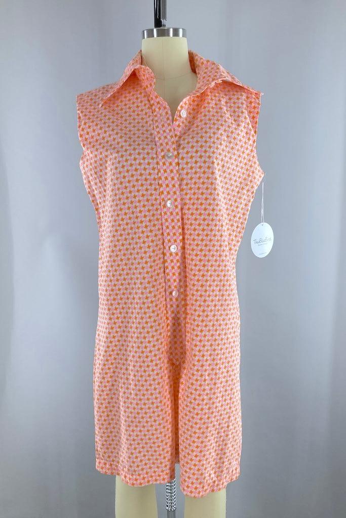 Vintage 1960s Pink &amp; Orange Houndstooth Romper-ThisBlueBird