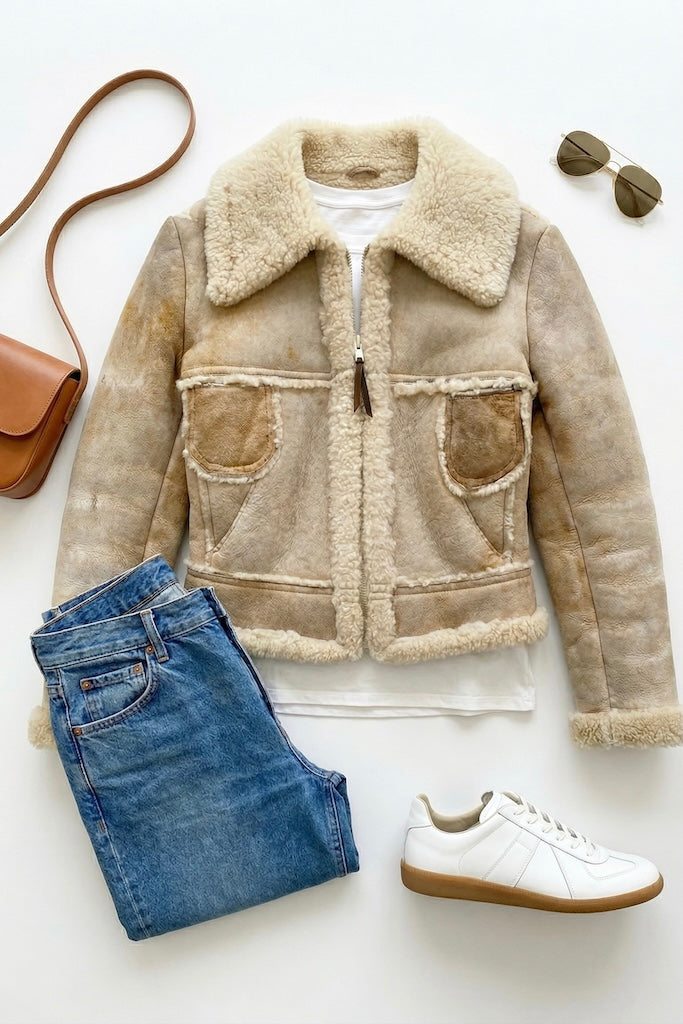 Vintage 1960s Suede Leather Sherpa Jacket-ThisBlueBird