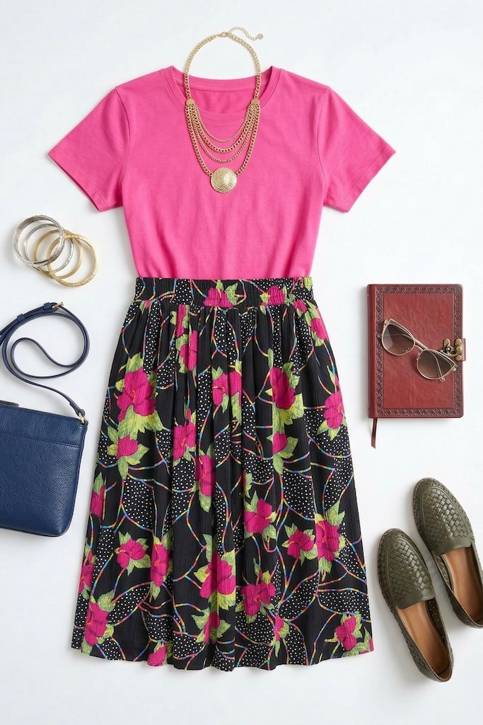 Vintage 1980s Black Rainbow Floral Skirt-ThisBlueBird