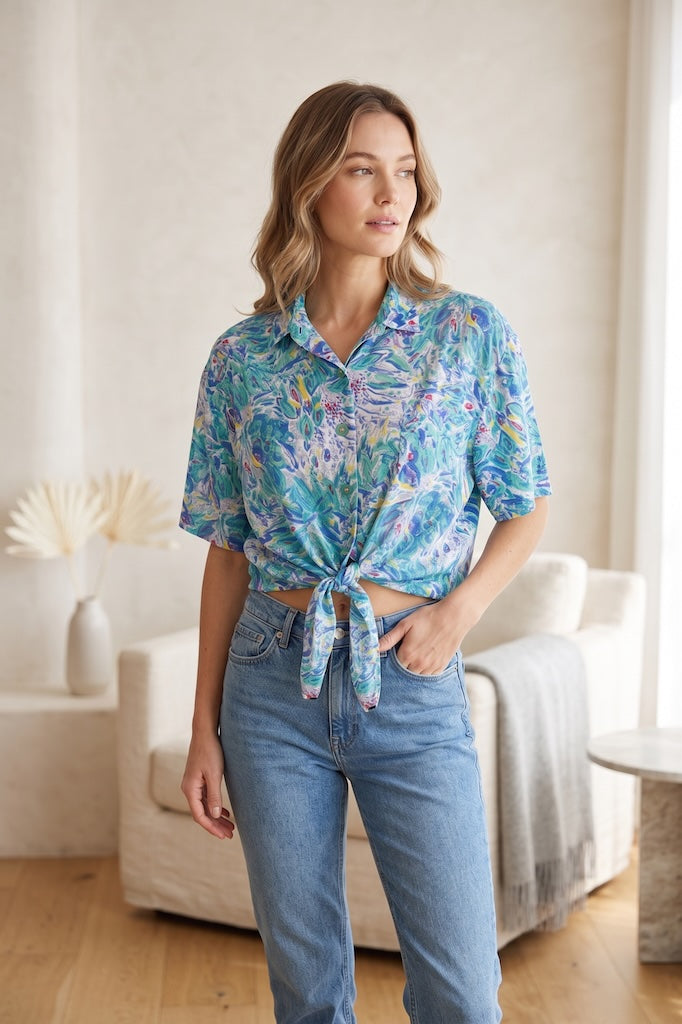 Vintage 1980s Blue Abstract Print Tie Front Crop Top-ThisBlueBird