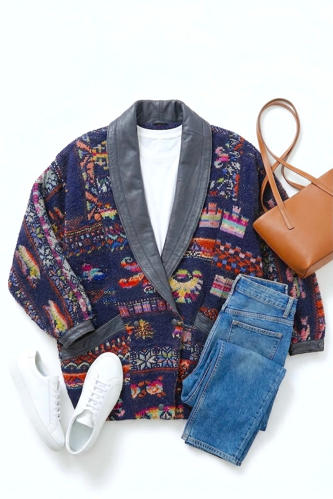 Vintage 1980s Mitos Patchwork Wool &amp; Leather Jacket-ThisBlueBird