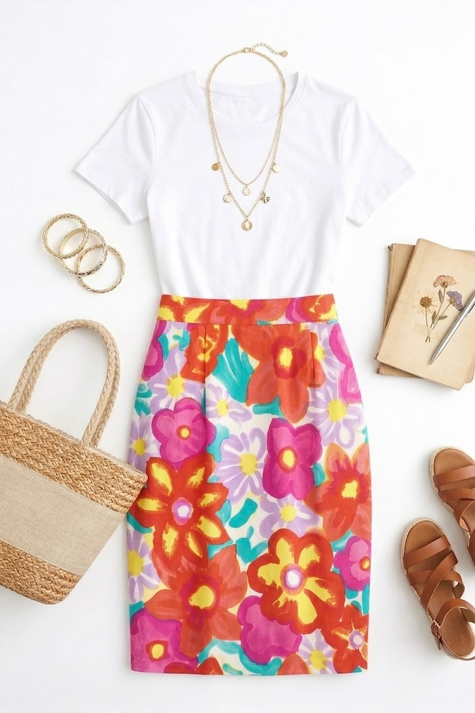 Vintage 1980s Silk Floral Print Pencil Skirt-ThisBlueBird