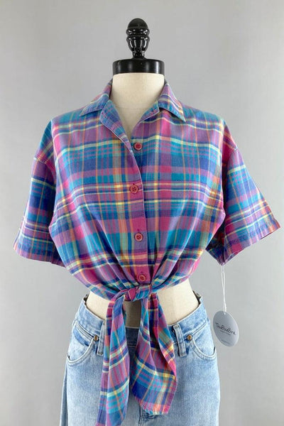 Vintage 80s Plaid Crop Top-ThisBlueBird