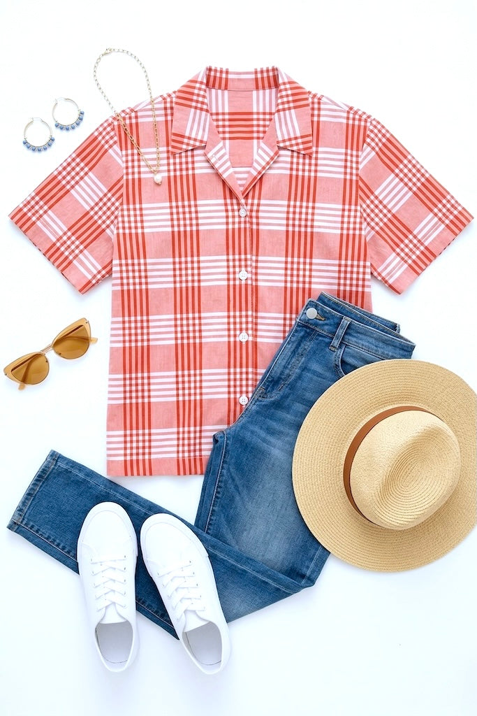Vintage 80s Red Plaid Summer Shirt-ThisBlueBird