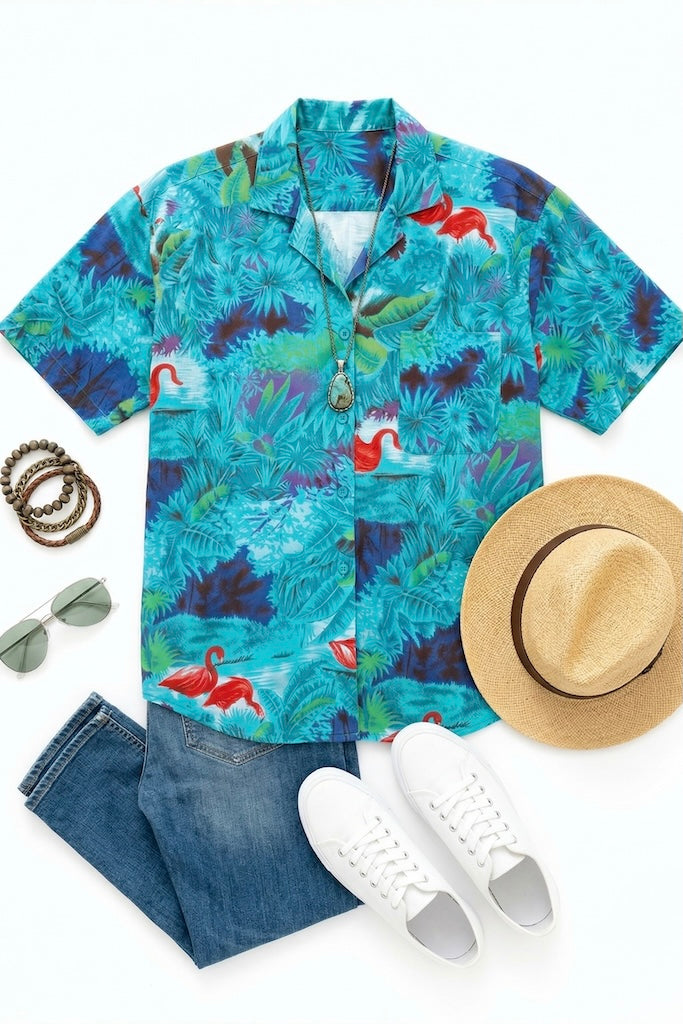 Vintage Aqua Blue Flamingos Hawaiian Print Shirt-ThisBlueBird