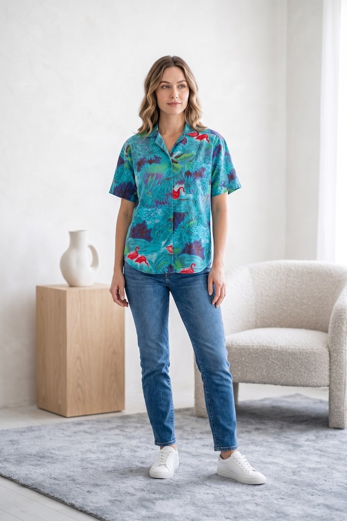 Vintage Aqua Blue Flamingos Hawaiian Print Shirt-ThisBlueBird
