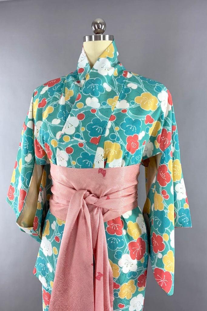 Vintage Aqua Blue Floral Kimono Robe-ThisBlueBird
