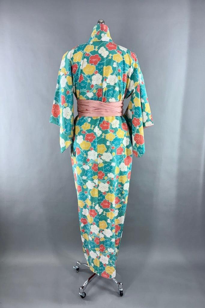 Vintage Aqua Blue Floral Kimono Robe-ThisBlueBird