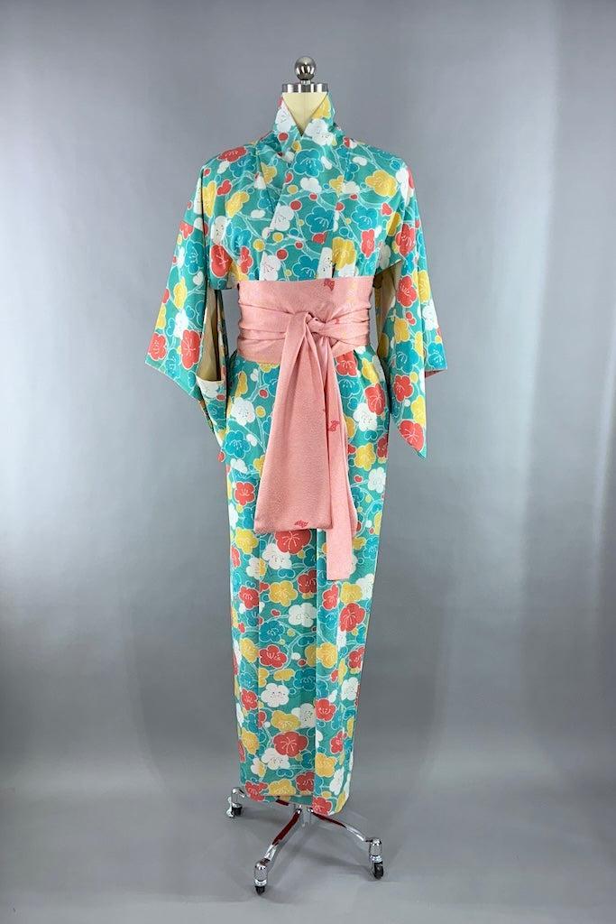 Vintage Aqua Blue Floral Kimono Robe-ThisBlueBird