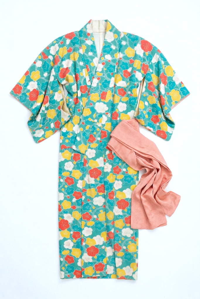 Vintage Aqua Blue Floral Kimono Robe-ThisBlueBird