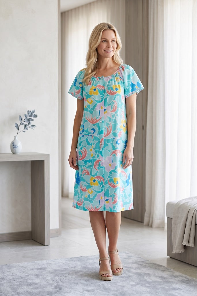 Vintage Aqua Floral House Dress-ThisBlueBird