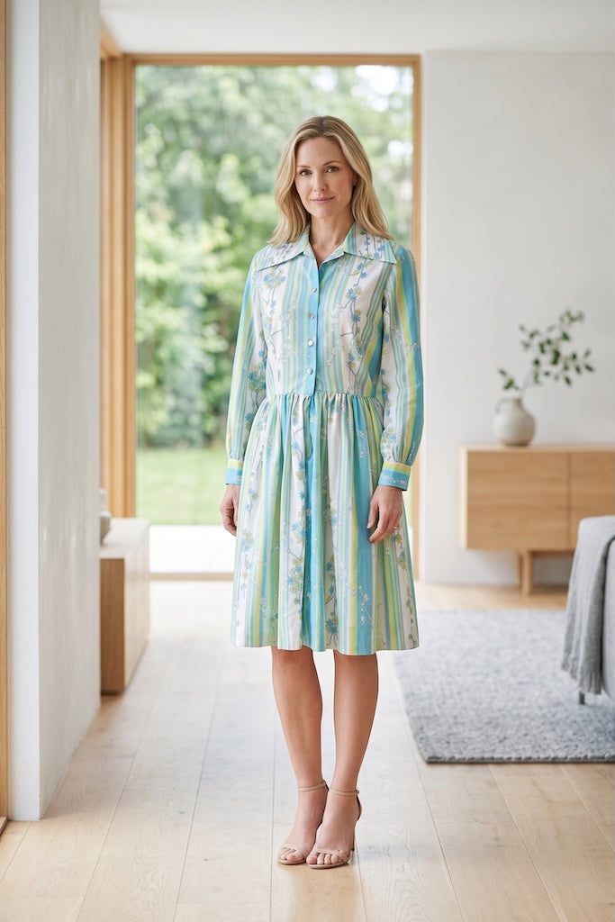 Vintage Aqua Floral Print Dress-ThisBlueBird