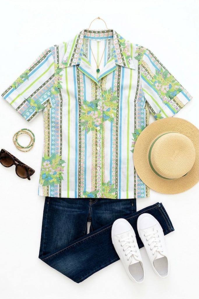 Vintage Aqua Floral Print Shirt-ThisBlueBird