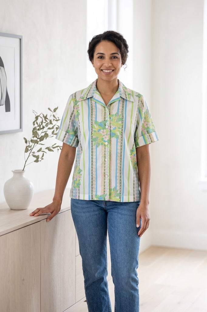 Vintage Aqua Floral Print Shirt-ThisBlueBird
