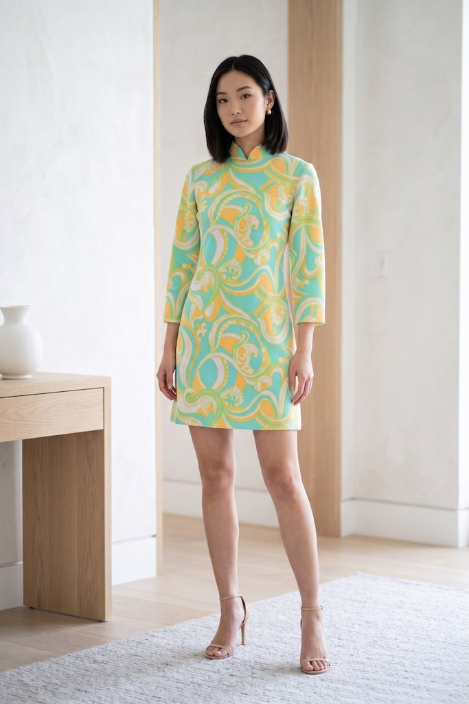 Vintage Aqua Mod Paisley Print Mini Dress-ThisBlueBird