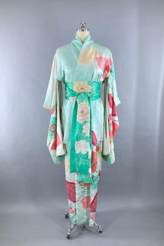 Vintage Aqua &amp; Pink Floral Silk Furisode Kimono Robe-ThisBlueBird