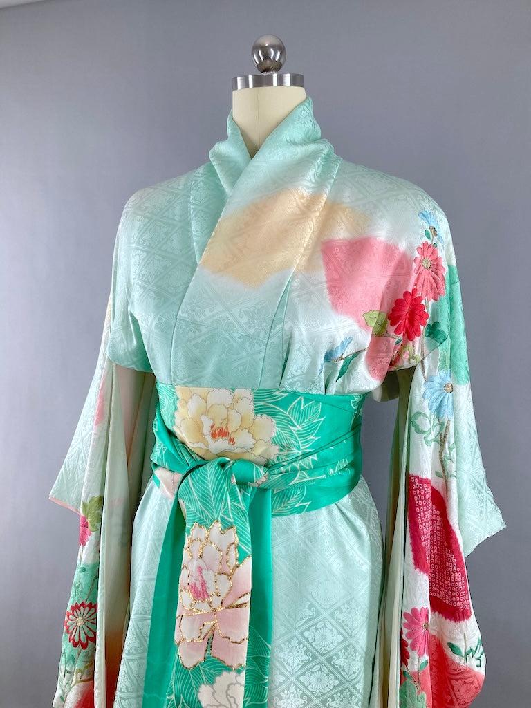 Vintage Aqua & Pink Floral Silk Furisode Kimono-ThisBlueBird