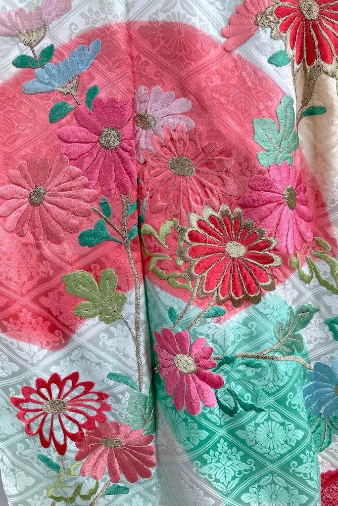 Vintage Aqua &amp; Pink Floral Silk Furisode Kimono-ThisBlueBird