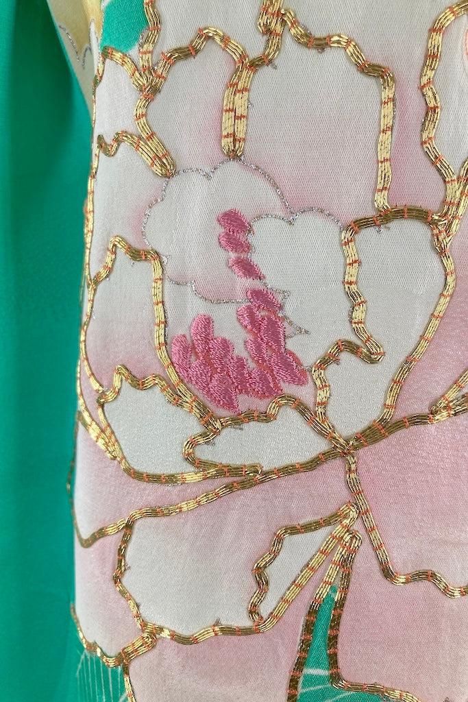 Vintage Aqua &amp; Pink Floral Silk Furisode Kimono-ThisBlueBird