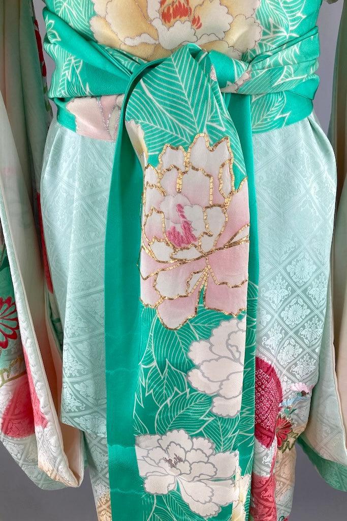 Vintage Aqua &amp; Pink Floral Silk Furisode Kimono-ThisBlueBird