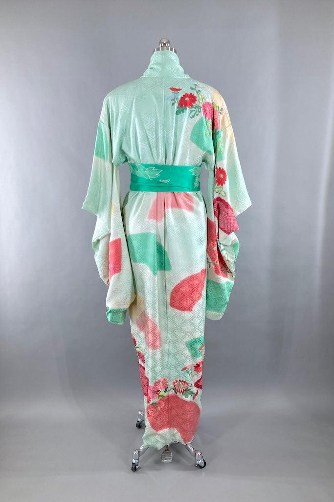 Vintage Aqua &amp; Pink Floral Silk Furisode Kimono-ThisBlueBird
