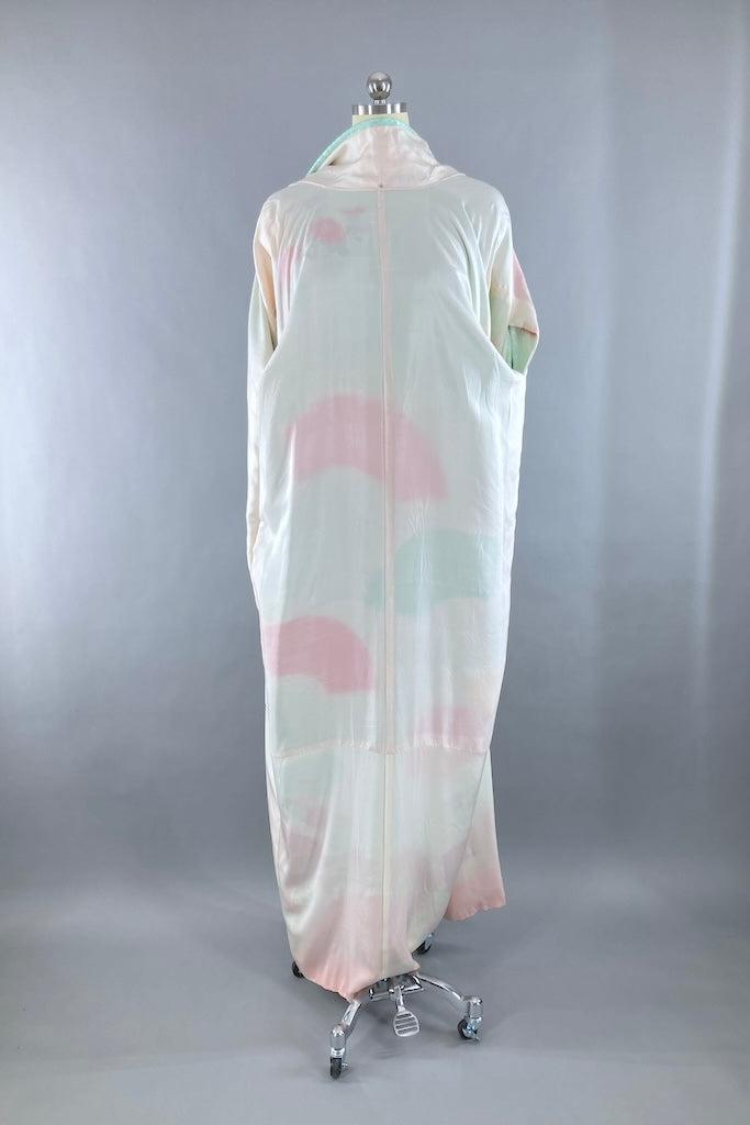 Vintage Aqua &amp; Pink Floral Silk Furisode Kimono-ThisBlueBird