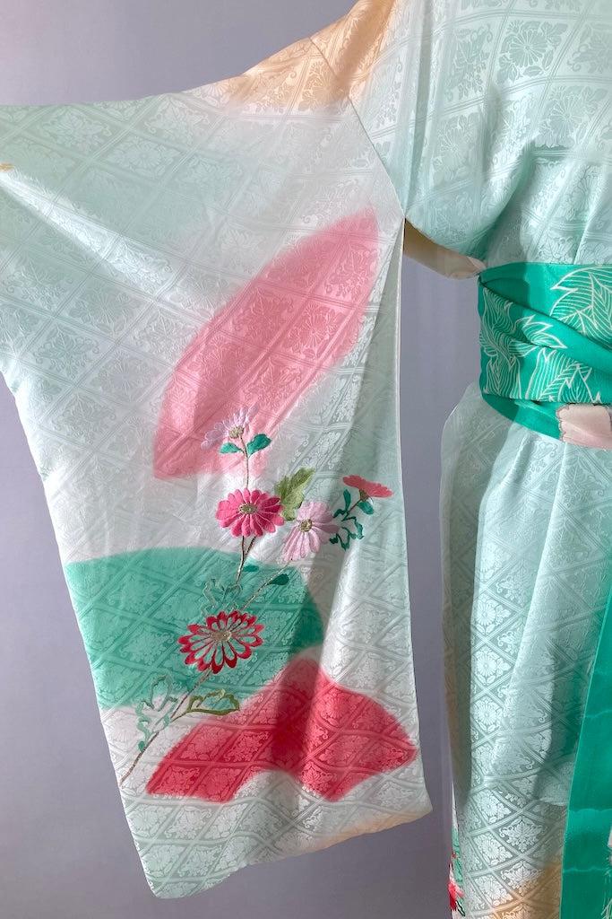 Vintage Aqua &amp; Pink Floral Silk Furisode Kimono-ThisBlueBird