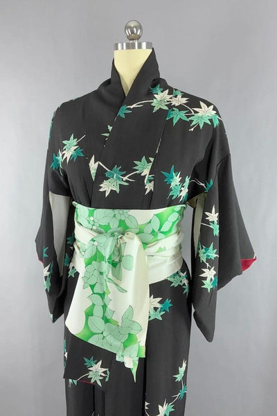 Vintage Black & Emerald Maple Leaf Silk Kimono-ThisBlueBird
