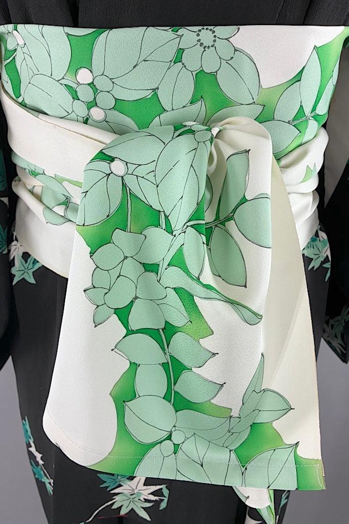 Vintage Black & Emerald Maple Leaf Silk Kimono-ThisBlueBird
