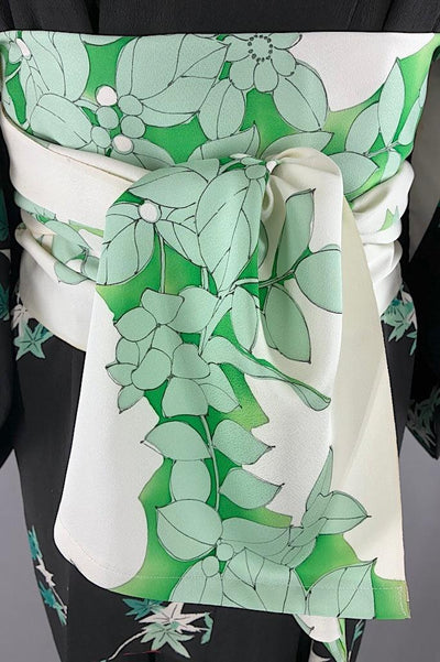 Vintage Black & Emerald Maple Leaf Silk Kimono-ThisBlueBird