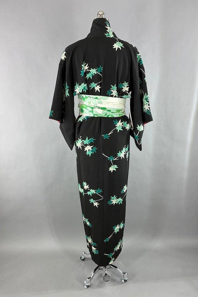 Vintage Black & Emerald Maple Leaf Silk Kimono-ThisBlueBird