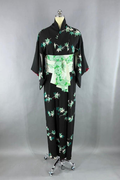 Vintage Black & Emerald Maple Leaf Silk Kimono-ThisBlueBird