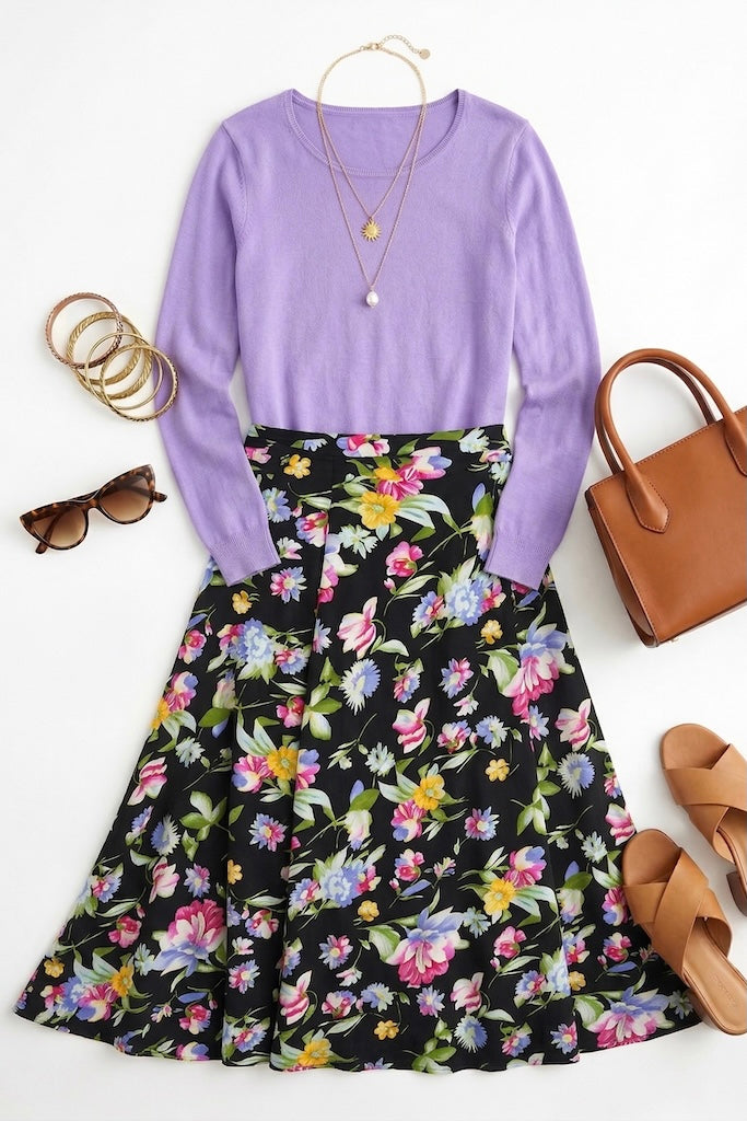 Vintage Black Floral Print Wrap Skirt-ThisBlueBird