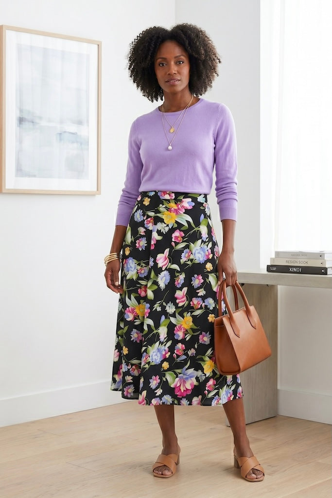 Vintage Black Floral Print Wrap Skirt-ThisBlueBird